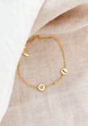 Initial bracelet with 3 charms, custom initials and birthstone, yellow gold plated, gftd. jewelry.