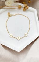 Letter bracelet with 3 yellow gold plated charms, three personalized letters, gftd. jewelry.